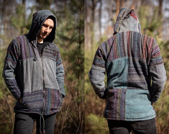 Giacca patchwork tribale in tela di cotone Cappuccio lungo pixie Caldo hippie psichedelico Boho Yoga Psytrance Festival Nepal Felpa con cappuccio