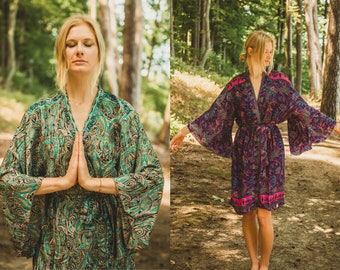 Orientalischer Boho-Kimono mit weiten Ärmeln, Sommer-Festival-Kimono für Damen, fließender femininer Kimono, ätherische Essenz, Hippie-Kimono