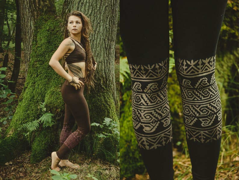 Tribal Yoga Leggings Boho Chic Traditional Handmade Indian Blockprint Pattern Leggings Psychedelic Hippie Festival Pixie Leggings image 1