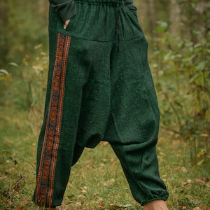 Pantalon Alibaba chaud à tisser à la main avec des motifs ethniques de l'Himalaya Pantalon sarouel chaud pour festival Hippie Festival psychédélique Yoga Pantalon Aladin unisexe Vert