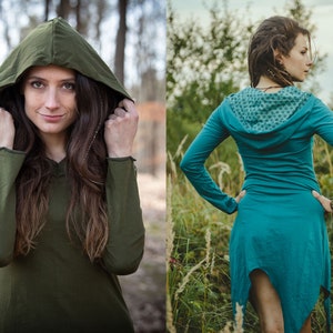 Robe de fée à manches longues et capuche, motif fleur de vie, style féerique, vert turquoise, tenue d&#39;elfe, esprit de la forêt, style gothique, psychédélique, festival, VAERI