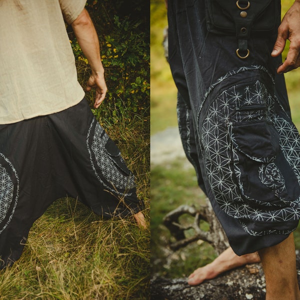 Flower of Life Alibaba Pants Thick Cotton Men Pants with Side Pockets Psychedelic Festival Pants Sacred Geometry Hippie Harem Baggy Trousers