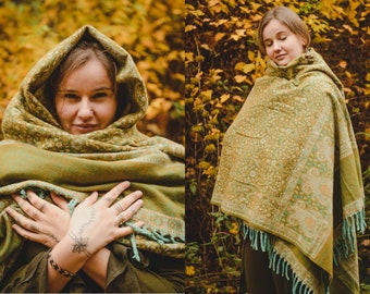 Double-Sided Shawl with Ethnic Design Extra-Long Shawl Tribal-Inspired Comfort Wear Forest Psytrance Festival Winter Hippie Unisex