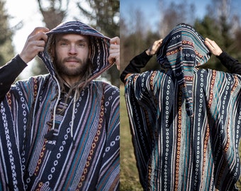 Poncho Homme Ethnique Bleu Marine Pixie Hood Long Gheri 100% Coton Boho Mexicain Hippie Yoga Festival Poncho