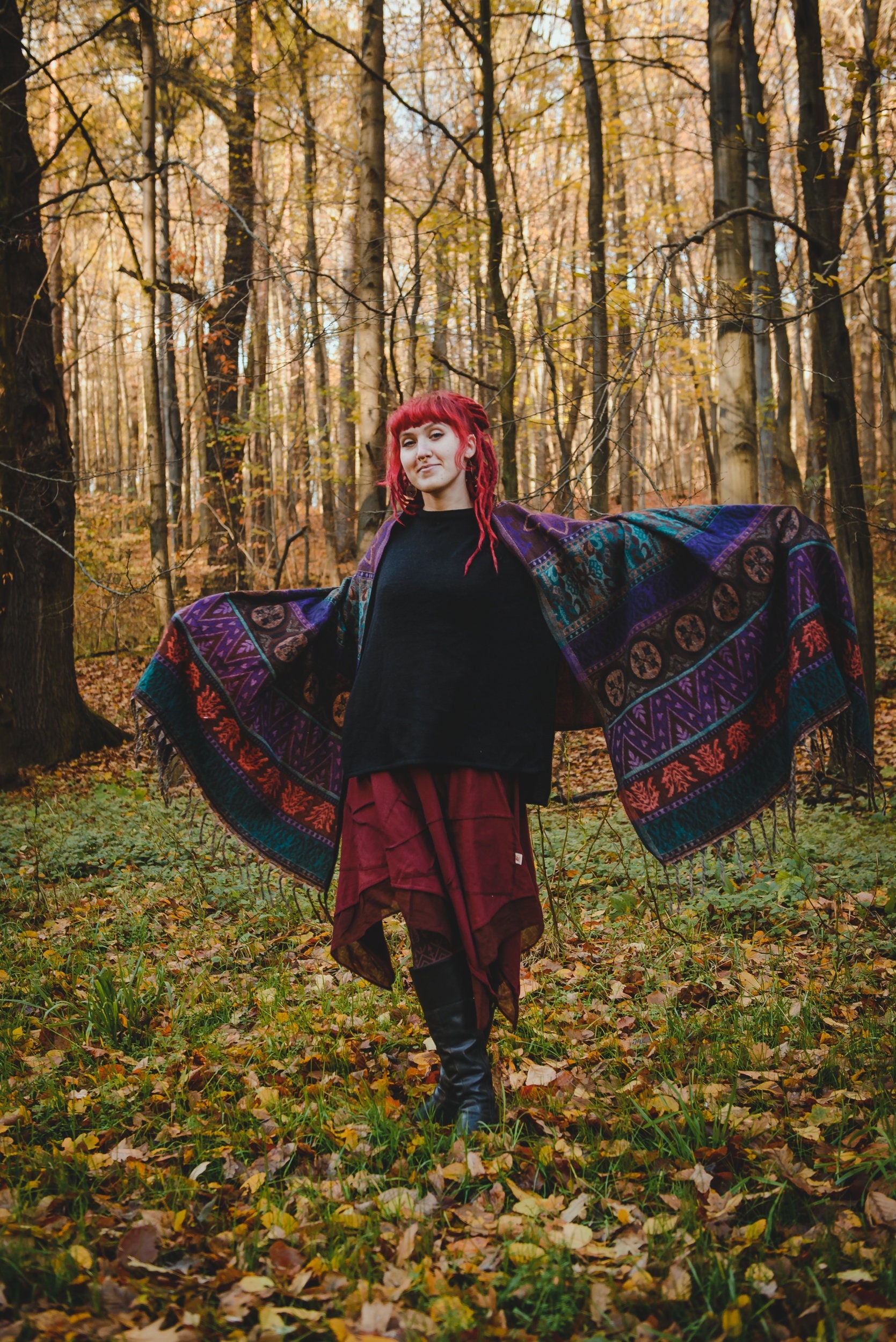 Shawl with Boho Design Extra-Long Shawl Tribal-Inspired Comfort Wear Forest Artful Patterns Psytrance Festival Winter Hippie Unisex ELDRIN