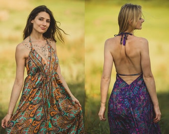 Magisch fließendes langes Boho-Kleid aus Seidenmischung, Maxikleid für den Sommer, Boho-Chic, psychedelisches Festival, Damenmode, Einheitsgröße, Hippie-Kleid