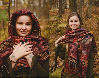 Ethnic Geometry Extra-Long Scarf Boho Elegance Artful Patterns Comfort Wear Forest Psytrance Festival Winter Hippie Unisex