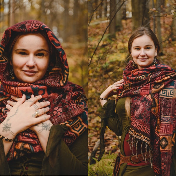 Ethnic Geometry Extra-Long Scarf Boho Elegance Artful Patterns Comfort Wear Forest Psytrance Festival Winter Hippie Unisex