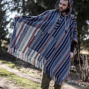 Mann Ethno Marineblauer Poncho Pixie Kapuze Langer Gheri 100 % Baumwolle Boho Mexikanische Hippie Yoga Festival Poncho Bild 2