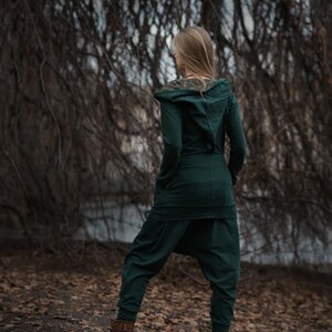 Pixie Tracksuit with Shipibo Ayauasca Icaros Patterns Elven Hoodie and Baggy Pants Set Long Hood Hippie Psychedelic Festival Fairy Cosplay