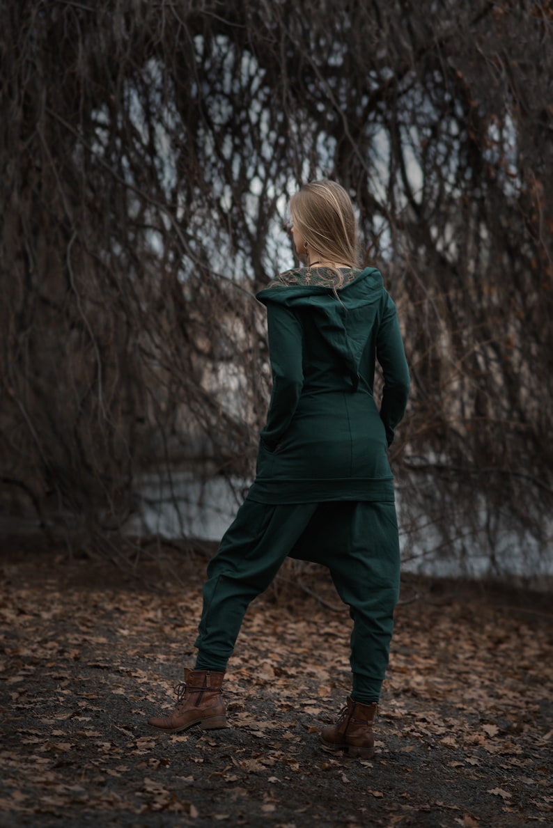 Pixie Tracksuit with Shipibo Ayauasca Icaros Patterns Elven Hoodie and Baggy Pants Set Long Hood Hippie Psychedelic Festival Fairy Cosplay