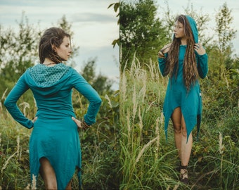 Forest Pixie Flower Of Life Dress Fairy Longsleeve Hoodie Green Turquoise Elf Dress Forest Spirit Costume Goth Psychedelic Festival Dress