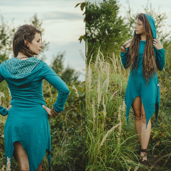 Forêt Pixie Fleur De Vie Robe Fée Manches Longues Sweat À Capuche Vert Turquoise Robe Elfe Forêt Esprit Costume Goth Psychédélique Festival Robe