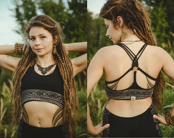 Pixie Yoga Top Festival Meditation Elf Unique Yoga Top with Flower of Life Green Black Brown Geometric Fairy Top Cotton Tribal Print