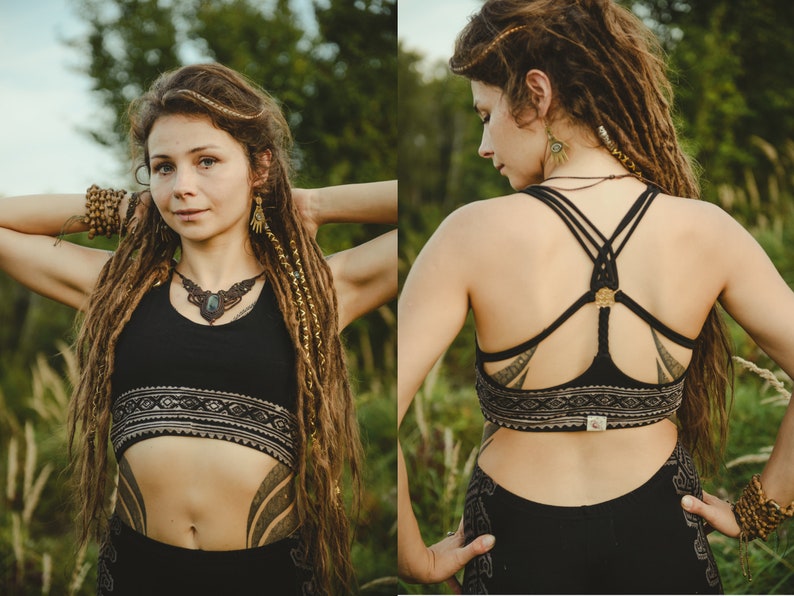 Psychedelic Yoga Top Festival Meditation Elf Unique Yoga Top with Flower of Life Green Black Brown Geometric Fairy Top Cotton Tribal Print
