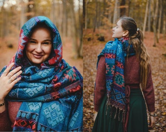 Einzigartiger Schal mit ethnischen Mustern, extra langer Schal, Tribal-inspiriert, Komfortkleidung, Wald, Psytrance, Festival, Winter, Hippie, Unisex