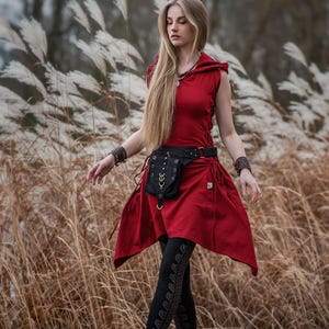 Elven Tunic Pixie Dress Shortsleeve Hodded Fairy Adjustable Lacing Forest Dress Assymetrical Psychedelic Festival Fantasy Costume NAEXI