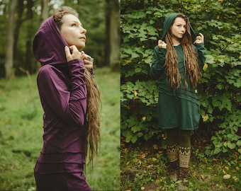 Pixie Langarmkleid Waldfee Kostüm Elfen Kapuze Dehnbares Kleid Waldgeist Tunika Dreadlock Hexe Goth Cosplay Fantasy Kleid