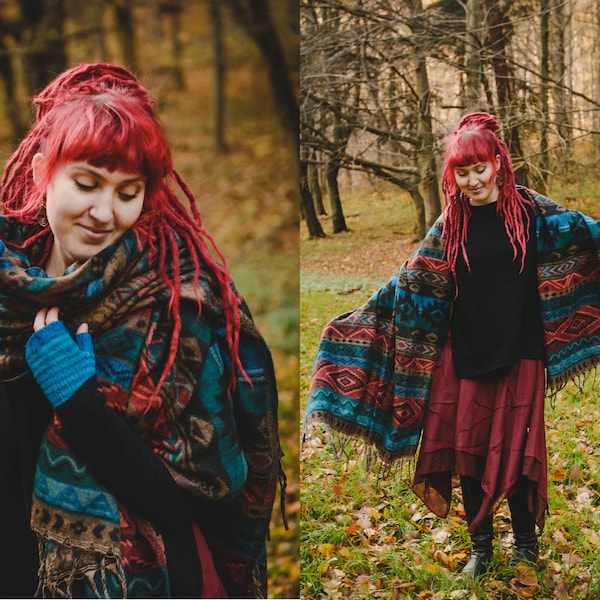 Shawl with Geometric Ethnic Design Extra-Long Shawl Tribal-Inspired Indian Comfort Wear Forest Psytrance Festival Winter Hippie Unisex