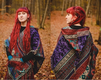 Pixie Colorful Cloak Hippie Festival Pointed Hood Poncho Long Hood Poncho with Pocket Fairy Cosplay Poncho Warm Winter Poncho Unisex