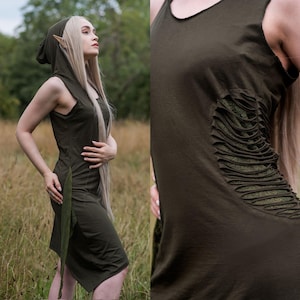 Forest Pixie Dress Sleeveless Hooded Elf Dress Olive Green Fairycore Outfit Asymmetrical Elven Clothing Fairy LARP Festival Cosplay Costume