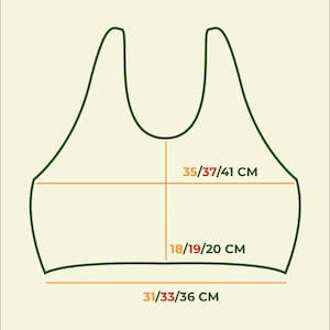 May include: A size chart for the Arlayna top featuring a dark green outline of a tank top. The chart displays measurements in centimeters for sizes S, M, and L, including a width of 35/37/41 cm, a length of 18/19/20 cm, and a bottom width of 31/33/36 cm.