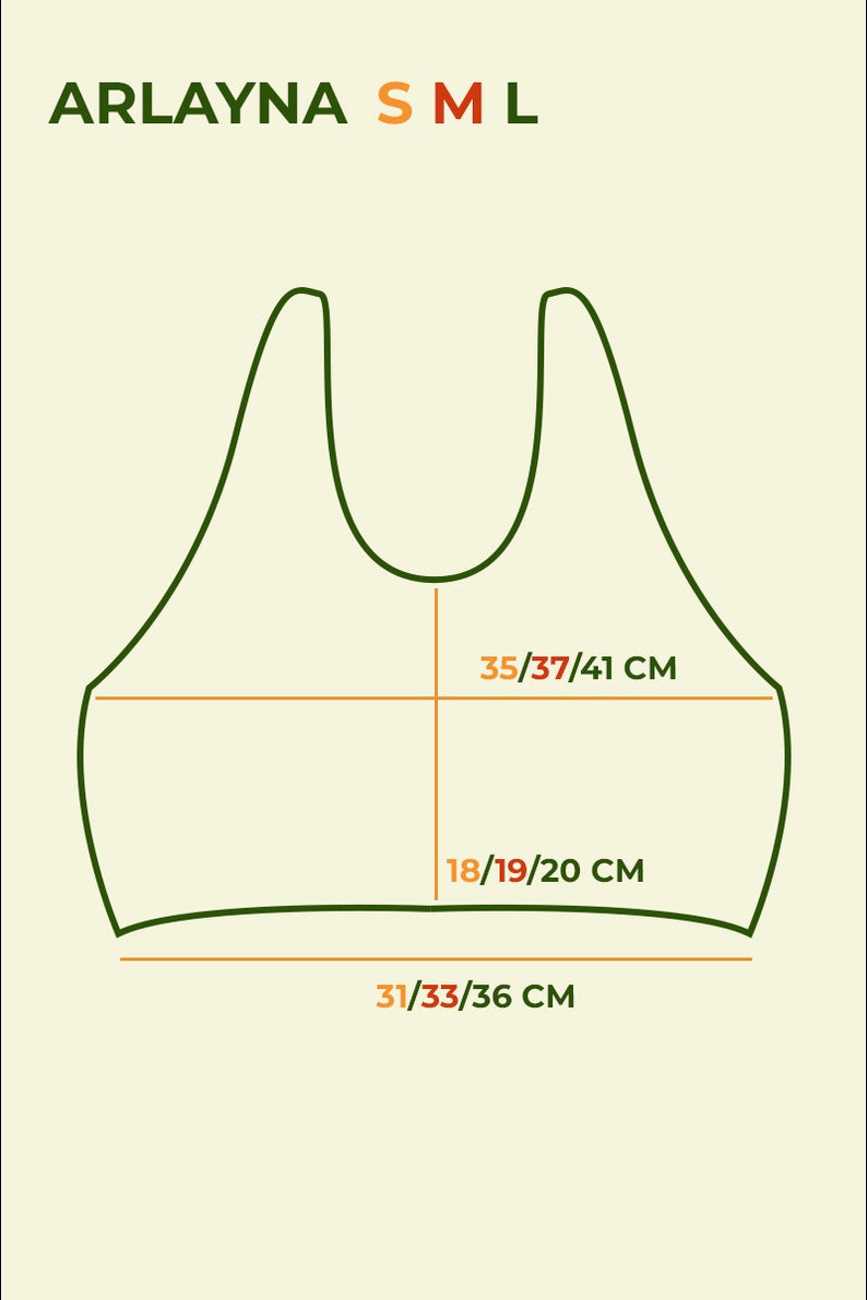 May include: A size chart for the Arlayna top featuring a dark green outline of a tank top. The chart displays measurements in centimeters for sizes S, M, and L, including a width of 35/37/41 cm, a length of 18/19/20 cm, and a bottom width of 31/33/36 cm.