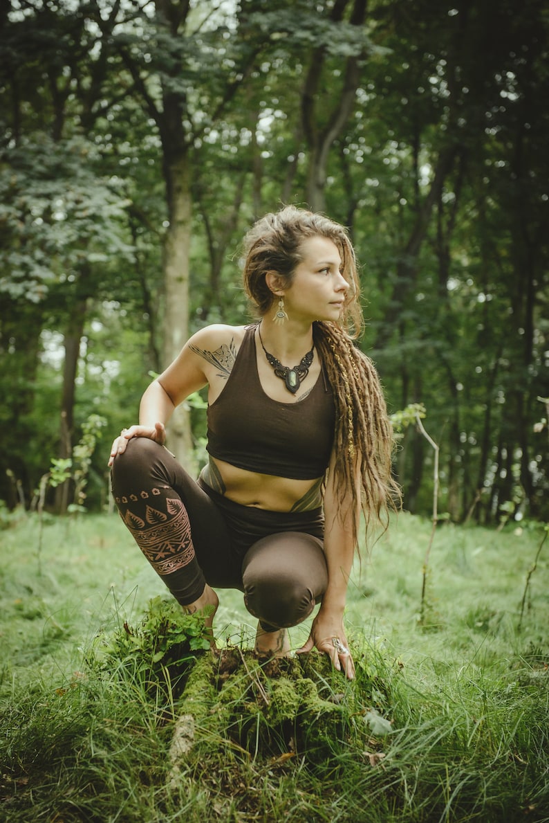 Psychedelic Yoga Top Festival Meditation Elf Unique Yoga Top with Flower of Life Green Black Brown Geometric Fairy Top Cotton Tribal Print