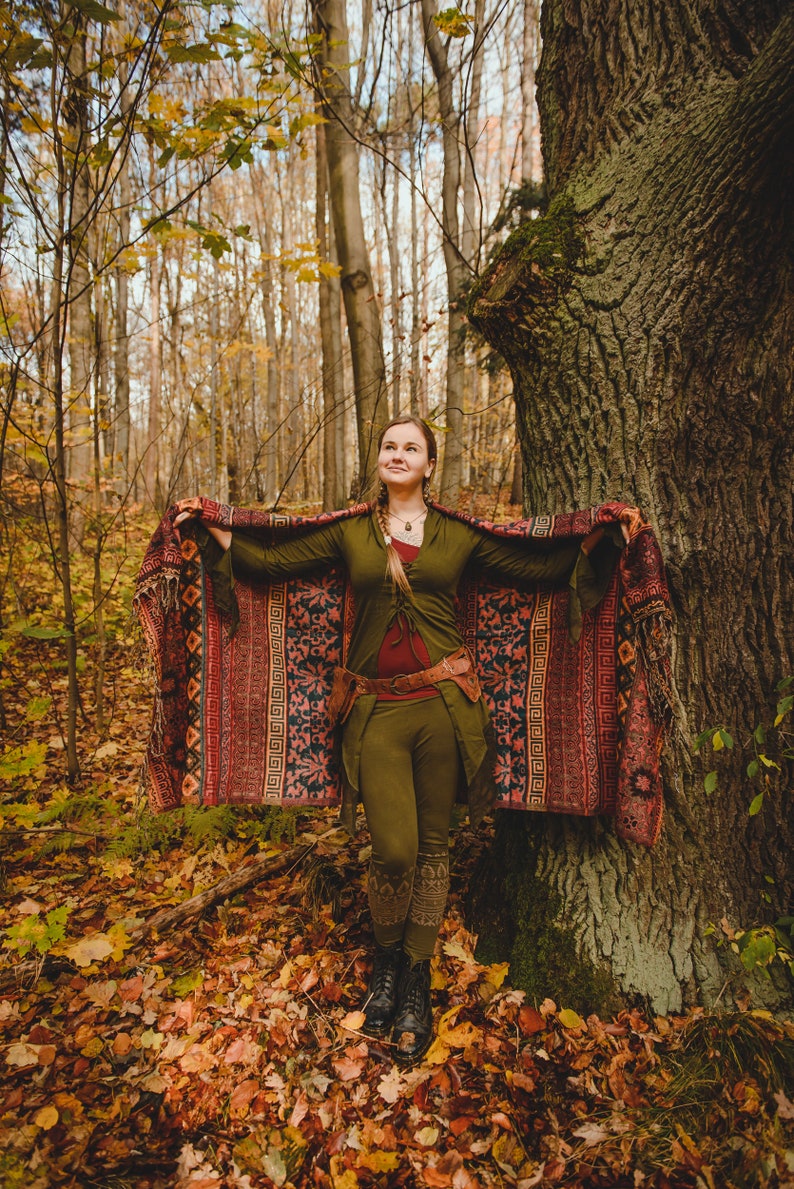 Géométrie ethnique écharpe Extra-longue Boho élégance motifs artistiques vêtements de confort forêt Psytrance Festival hiver Hippie unisexe image 7