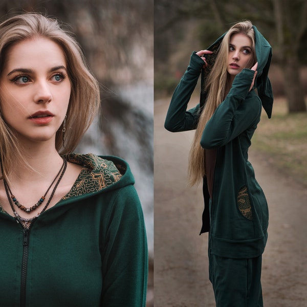 Emerald Pixie Hoodie Elven Bottle Green Chemisier Femme Coton Recyclé Ayahuasca Patterns Psychedelic Hoodie Fantasy Outfit Elf Cosplay