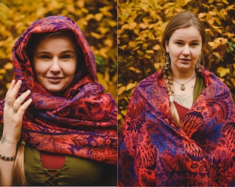 Unique Scarf in Ethnic Patterns Extra-Long Shawl Tribal-Inspired Comfort Wear Forest Psytrance Festival Winter Hippie Unisex