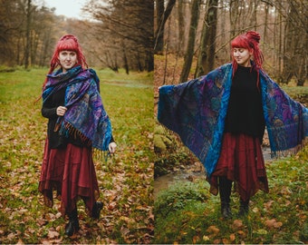 Shawl with Boho Design Extra-Long Shawl Tribal-Inspired Comfort Wear Forest Artful Patterns Psytrance Festival Winter Hippie Unisex