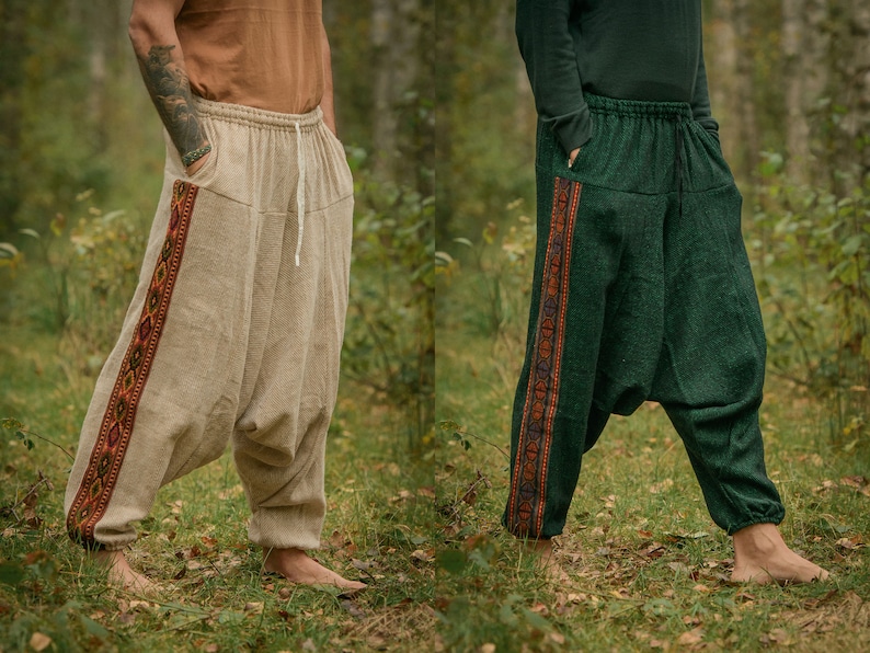 Pantalon Alibaba chaud à tisser à la main avec des motifs ethniques de l'Himalaya Pantalon sarouel chaud pour festival Hippie Festival psychédélique Yoga Pantalon Aladin unisexe image 1