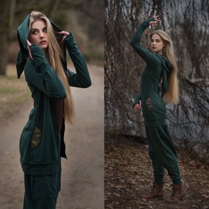 Pixie Tracksuit with Shipibo Ayauasca Icaros Patterns Elven Hoodie and Baggy Pants Set Long Hood Hippie Psychedelic Festival Fairy Cosplay