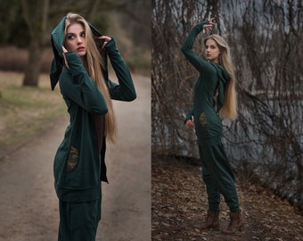 Pixie Hoodie and Baggy Pants Set Cotton Tracksuit with Shipibo Ayauasca Icaros Patterns Long Hood Hippie Psychedelic Festival Fairy Cosplay