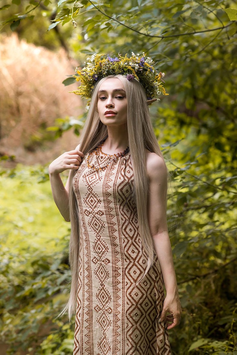 Desert Elf Queen Dress Tribal Ethnic Pattern Beige Umber Boho Dress ...
