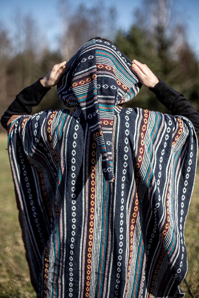 Mann Ethno Marineblauer Poncho Pixie Kapuze Langer Gheri 100 % Baumwolle Boho Mexikanische Hippie Yoga Festival Poncho Bild 8