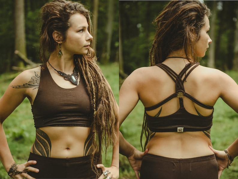Psychedelic Yoga Top Festival Meditation Elf Unique Yoga Top with Flower of Life Green Black Brown Geometric Fairy Top Cotton Tribal Print