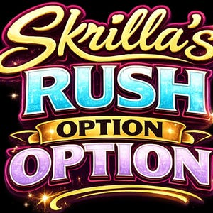 Puede incluir: Gráfico vibrante con el texto "Skrilla's Rush Option Option" en una fuente audaz y estilizada. La palabra "Rush" es azul claro, mientras que "Option" aparece dos veces en oro y púrpura. El fondo es negro con detalles brillantes.