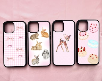 coques iphone coquette vintage cottagecore esthétique floral mignons animaux lapins chatons cerf gâteau arcs