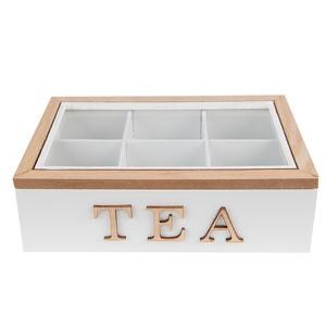 Könnte beinhalten: Weiße Holzteekiste mit einem durchsichtigen Glasdeckel und sechs Fächern. Die Kiste trägt den Schriftzug "TEA" in goldenen Buchstaben auf der Vorderseite.