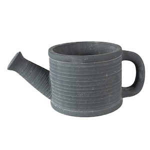 Könnte beinhalten: Eine kleine graue Gießkanne aus Keramik mit einer strukturierten Oberfläche und einem Griff. Die Gießkanne ist im Vintage-Stil gehalten.