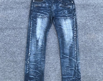 Vintage Y2K Grunge Japans merk Denim Wildlife Skull Spike Mastermind Japan geïnspireerde vervaagde visgraat snorharen Jean W29 x 32 StraightLeg