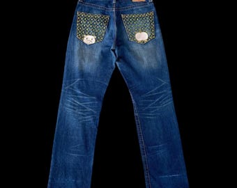 Vintage Buden Japonés Mud-Wash Clawmark Indigo bordado motivo de cerdo monograma impresión jeans/Karakuri Tamashi Sukajan estilo/moda Harajuku