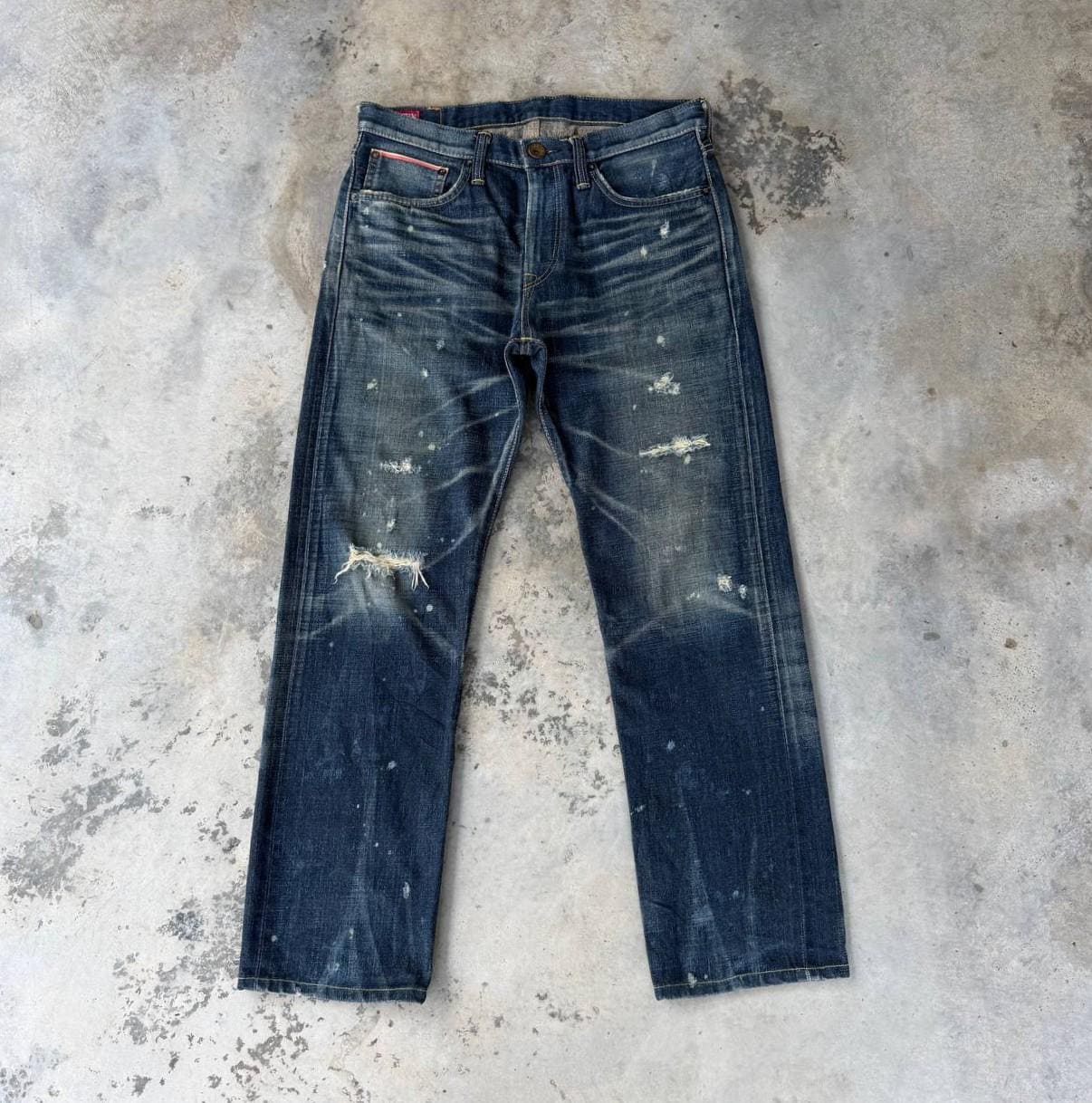 VINTAGE EDWIN 505ZX Japan BUCKLE Back Selvedged Grunge Distressed Denim Mudwash Honeycombs Clawmark Straight Leg W30x28.5/Vintage Jean Japan