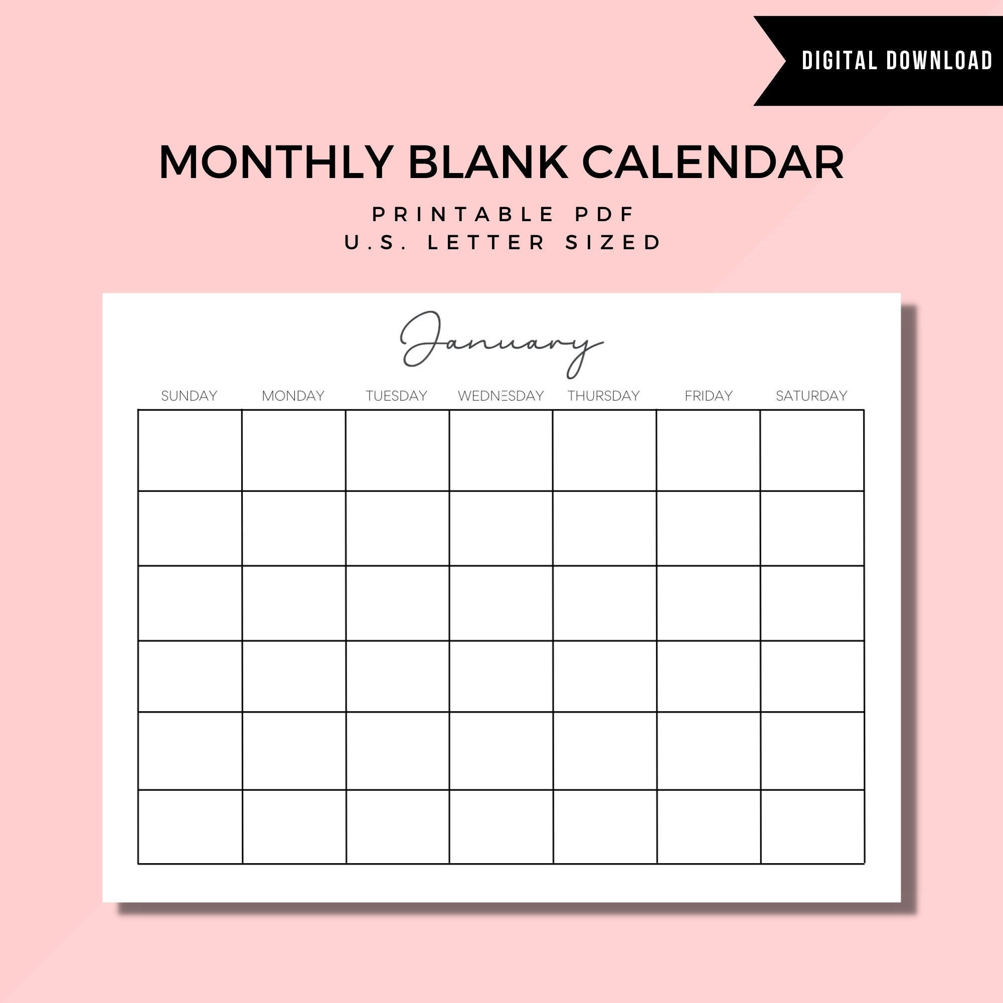 Blank Monthly Calendar Printable Minimal Simple Horizontal - Etsy Hong Kong