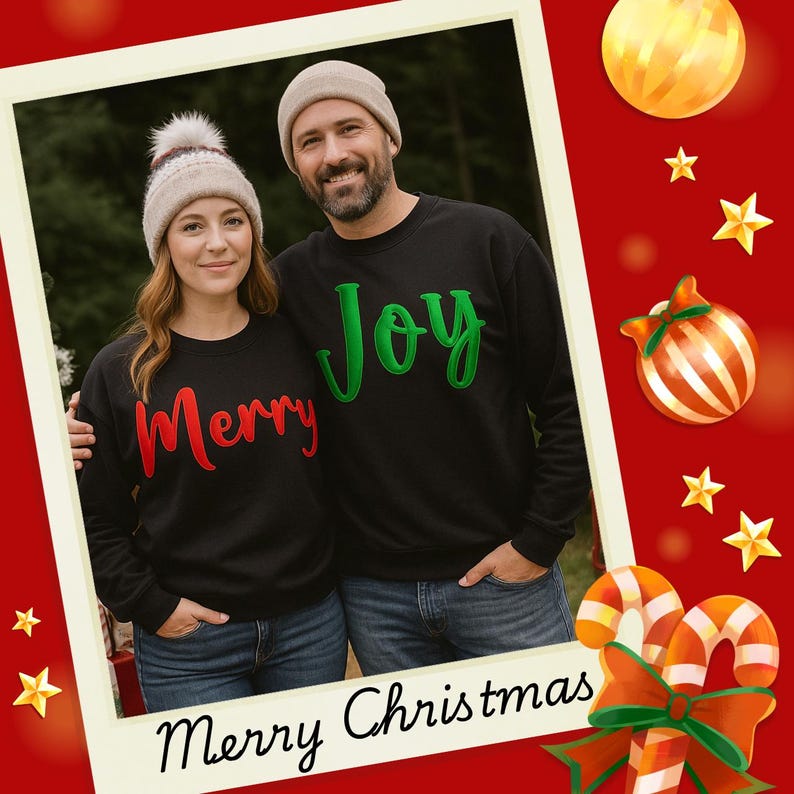 May include: Two black crewneck sweatshirts featuring the text Merry in red and Joy in green. The individuals wear matching beanies, one with a pom-pom. The image is framed with a white border, red background, and festive ornaments like stars and candy canes.