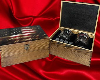 Custom Whiskey Glass Set: UV Printed Wooden Box with Slate Coasters