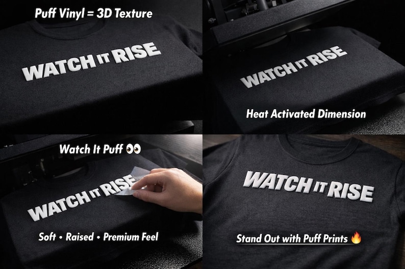 May include: A black t-shirt featuring the white text WATCH IT RISE in a raised, three-dimensional puff vinyl finish. The graphic is applied using heat-activated technology, creating a soft, textured surface that stands out against the fabric.