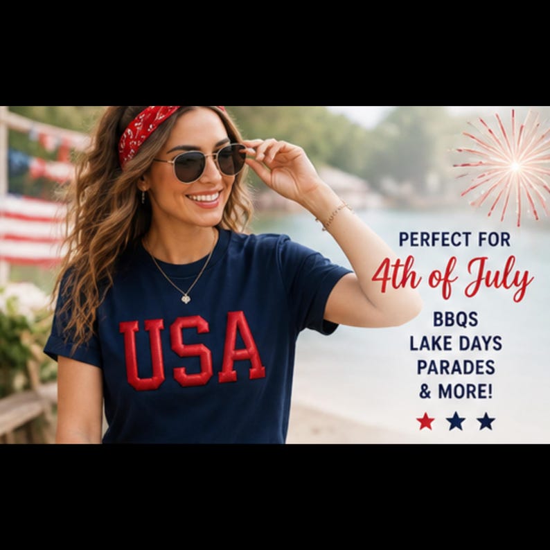 May include: A woman wearing a navy blue t-shirt with the word "USA" in red, a red bandana, and sunglasses. The image includes text that says "Perfect for 4th of July" and lists BBQs, Lake Days, Parades & More!
